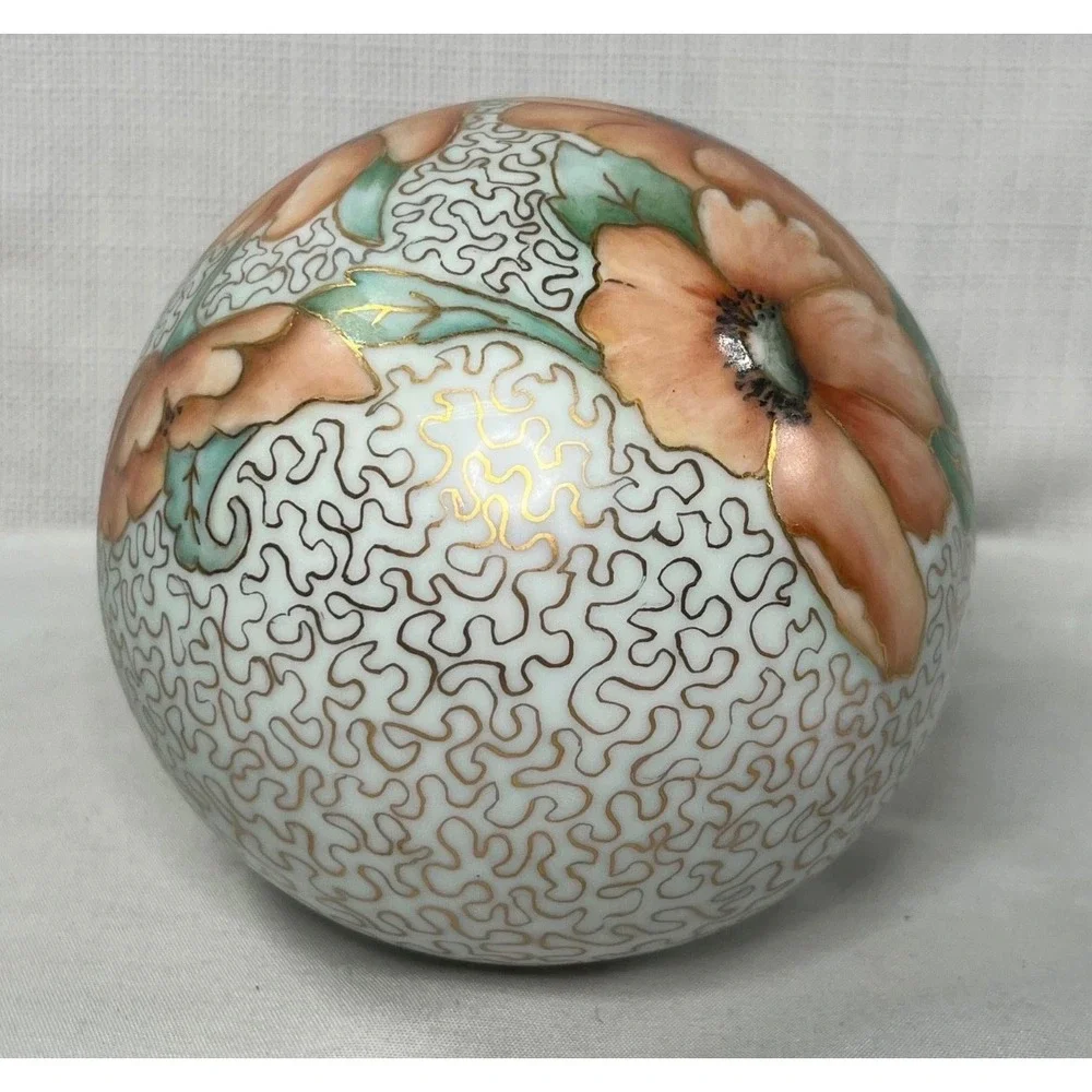 Ann Fogg Hand Painted Porcelain Egg Floral Poppy Gold Trim Signed Art Pottery